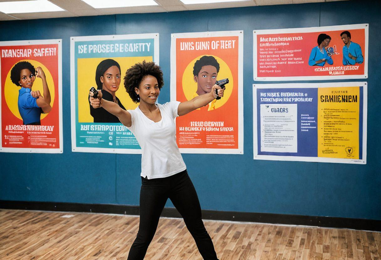 A confident individual practicing self-defense in a well-lit training studio, surrounded by educational posters about gun safety. Include diverse participants engaged in a hands-on class, showcasing empowerment through learning. The atmosphere should feel inviting and inspirational, highlighting the importance of safety and confidence. Use vibrant colors to evoke a sense of motivation and energy. super-realistic. vibrant colors. soft focus.