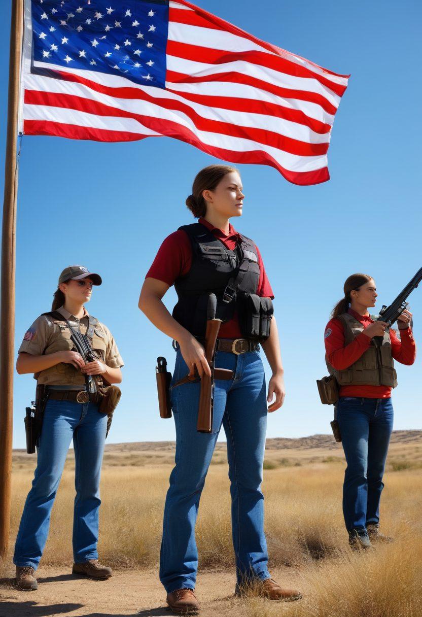 A powerful open landscape featuring a diverse group of individuals confidently holding various firearms in a safe and respectful manner. In the background, a clear blue sky with an American flag waving gently, symbolizing freedom and rights. In the foreground, educational materials such as safety manuals and targets to emphasize gun ownership education. The scene conveys empowerment, responsibility, and community engagement. super-realistic. vibrant colors. outdoor setting.